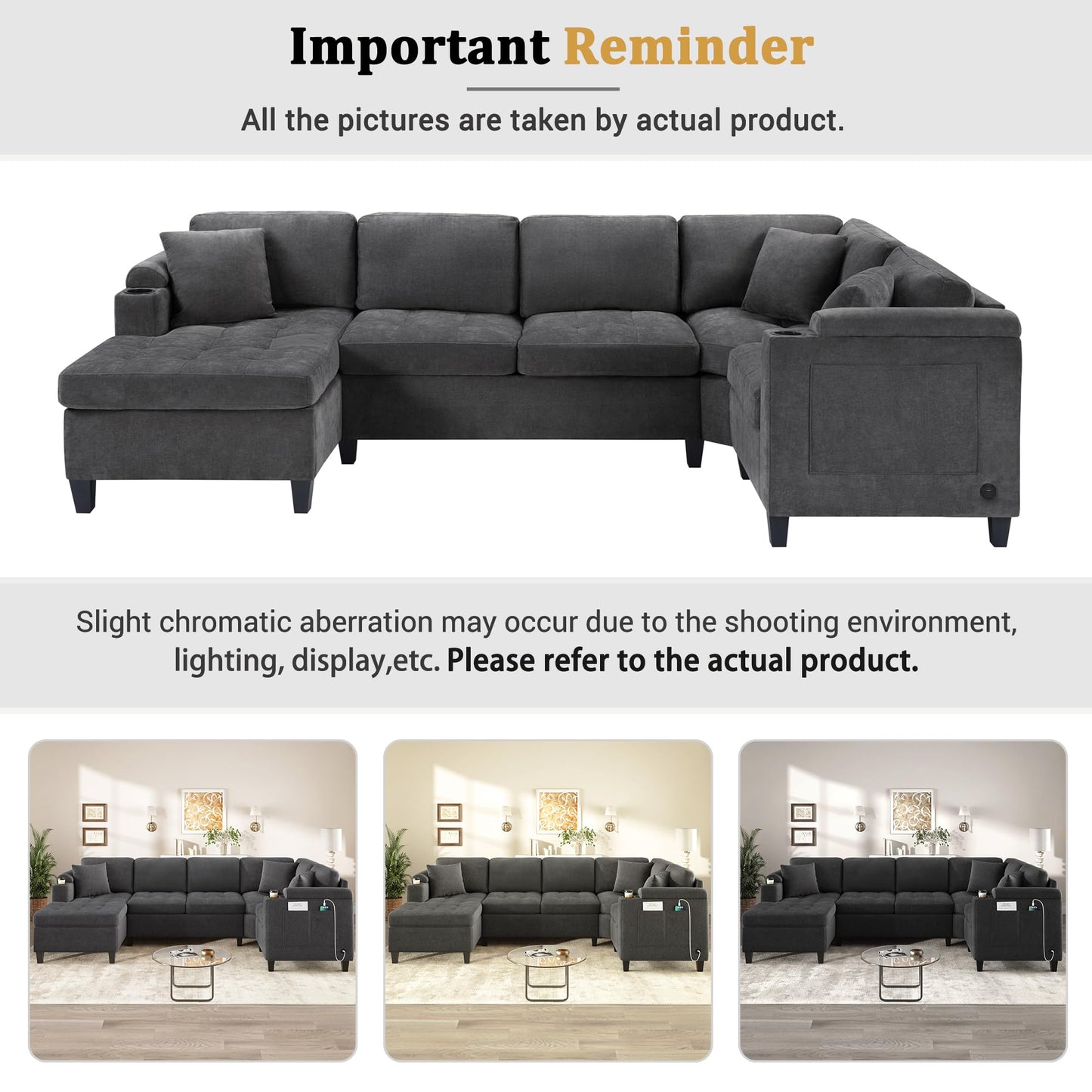 Merax 115.7" U-Shaped Chenille Sectional Sofa, 4 Seat Corner Couch Oversized with Built-in Cup Holders, 3 Pillows, Storage Space for Living Room, Grey