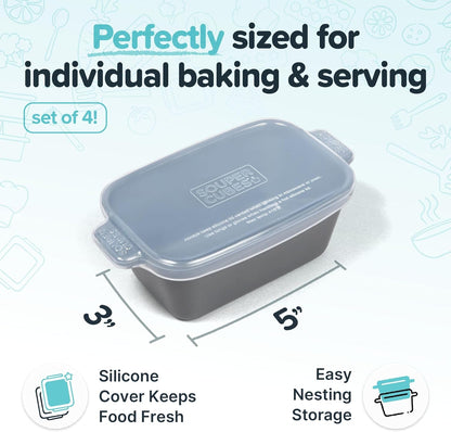 Souper Cubes Stoneware - Small 5" x 3" Ceramic Baking Dish Set with Silicone Covers | Ideal for Reheating Single Servings - Charcoal