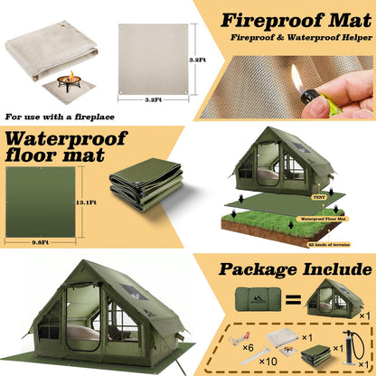 9.8' x 7' Inflatable Tents for Camping 4-6 Person, 4 Season Blow Up Tent with Waterproof & Anti-Moisture Tarp, Luxury Inflatable Hot Tent with Stove Jack for Camping Outdoors