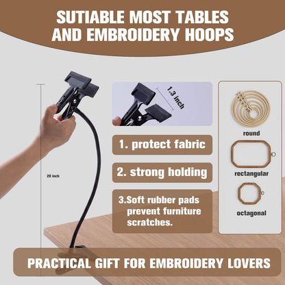 Adjustable Embroidery Hoop Stand Holder, 20" Extra Long Portable Gooseneck Embroidery Stand, Heavy Duty Cross Stitch Table Clamp for DIY Needlework Art Craft Sewing Projects