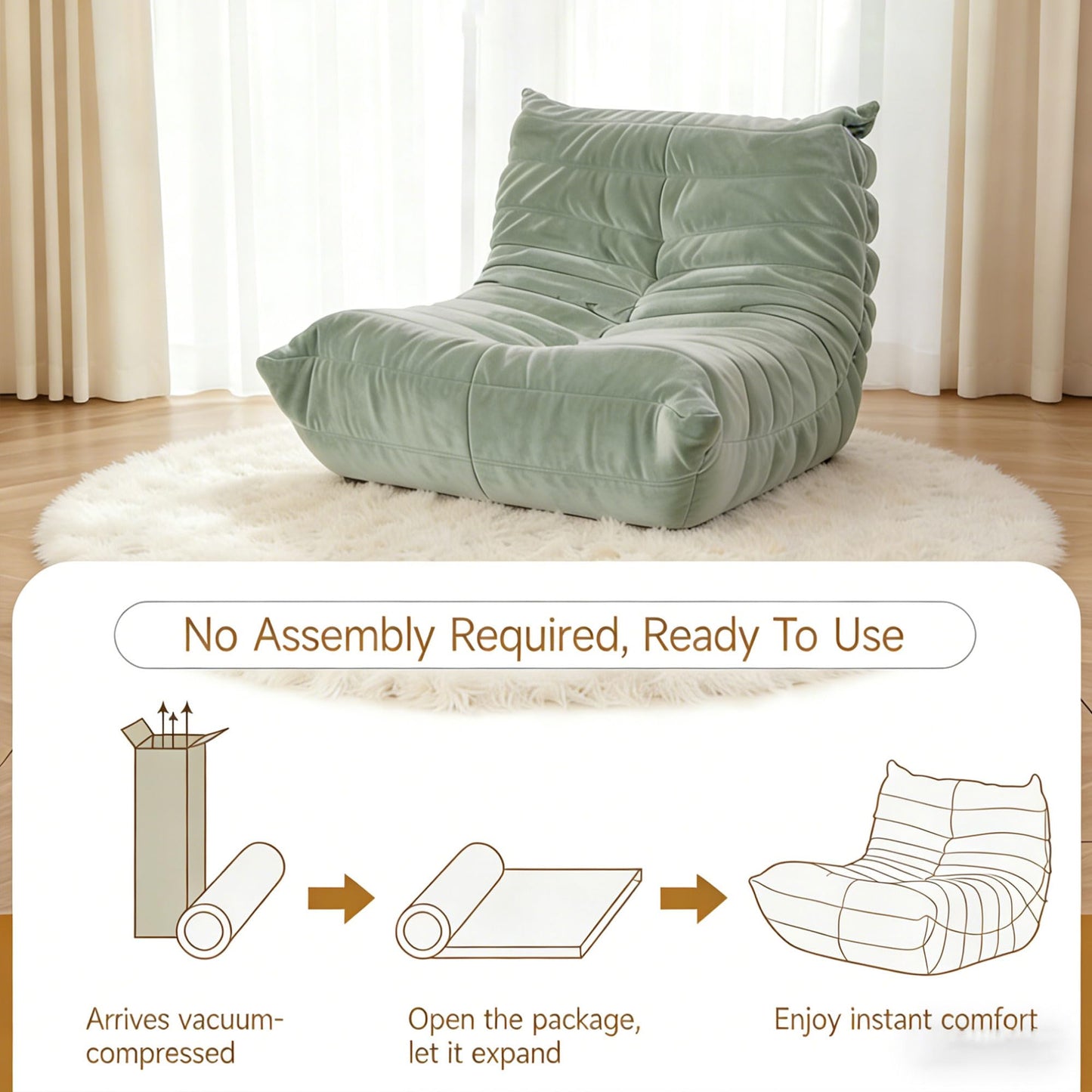 Bean Bag Chairs for Adults Premium Chenille Comfy Reading Chair Low Center of Gravity Lazy Sofa Lounger with Non-Slip Base for Living Room Bedroom Office Pale Green 51.18″