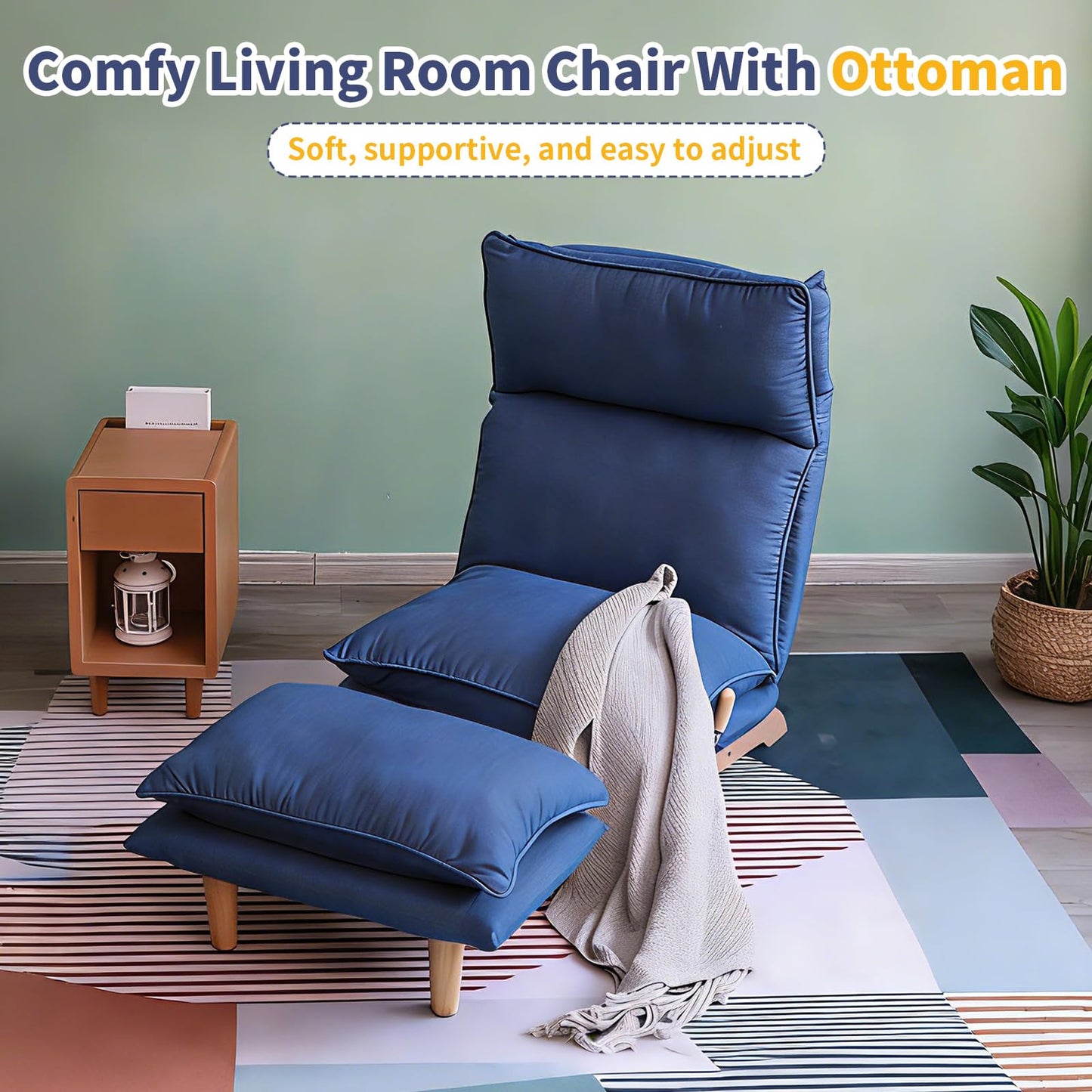 Dark Blue Lazy Floor Lounger with Ottoman, Adjustable Floor Chair Bean Bag Style Tatami Sofa with Thick Cushions and Back Support, Comfy Lounge Seating for Adults, Gaming & Bedroom Relaxation