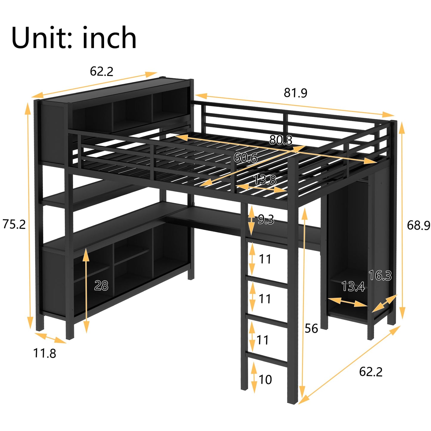 Queen Loft Bed with Wardrobe and Storage Cubes, Queen Size Loft Bed with Desk, Storage Shelf and Guardrail, Queen Size Loft Bed for Adults, Teens, Kids, Black
