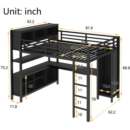 Queen Loft Bed Frame with Wardrobe and Storage Cubes, Queen Size Loft Bed with Desk and Storage Shelf, Heavy Duty Loft Beds with Guardrail, Noise Free Design, Adult Loft Bed Frame, Black