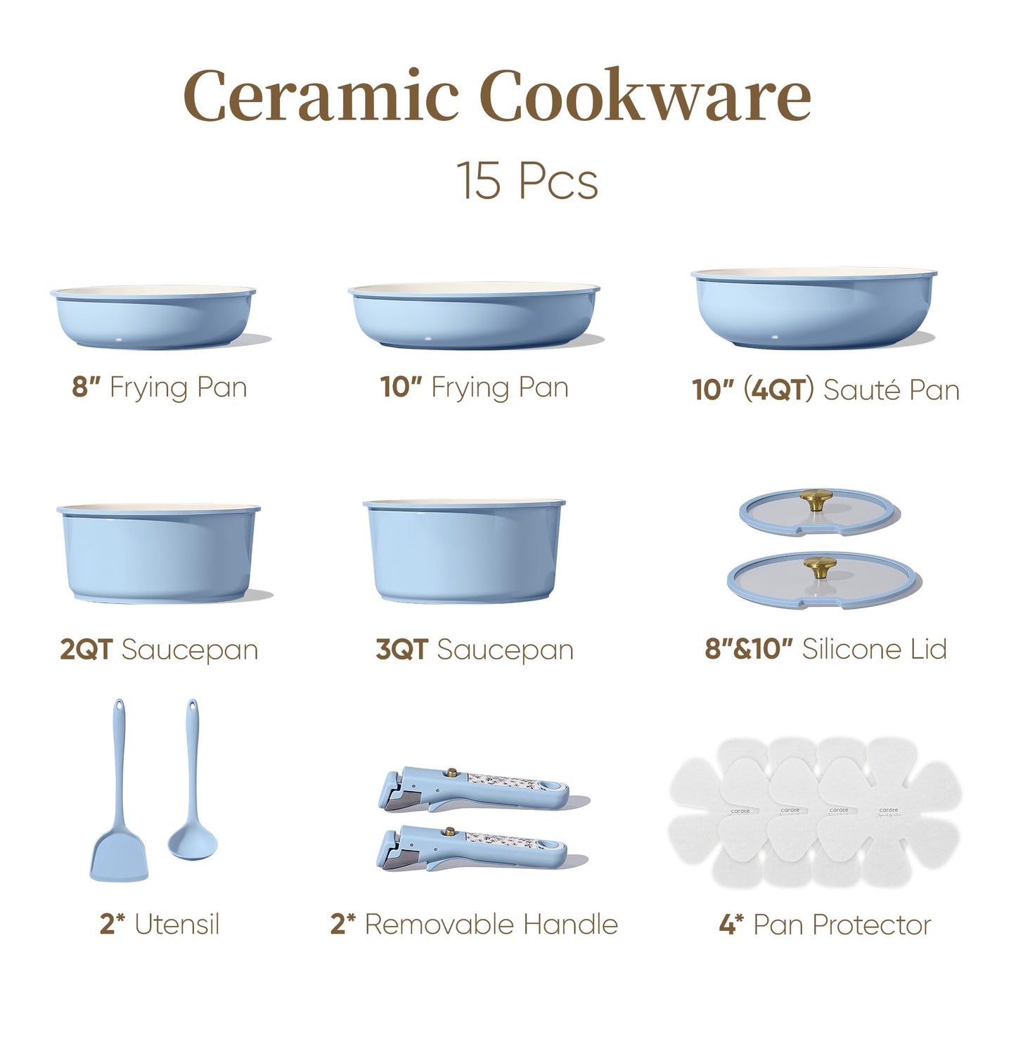 CAROTE 15Pcs Ceramic Cookware Set, Pots and Pans Set Non Stick, Kitchen Cooking Set with Detachable Handle, Non Toxic Induction Cookware, Dishwasher/Oven Safe