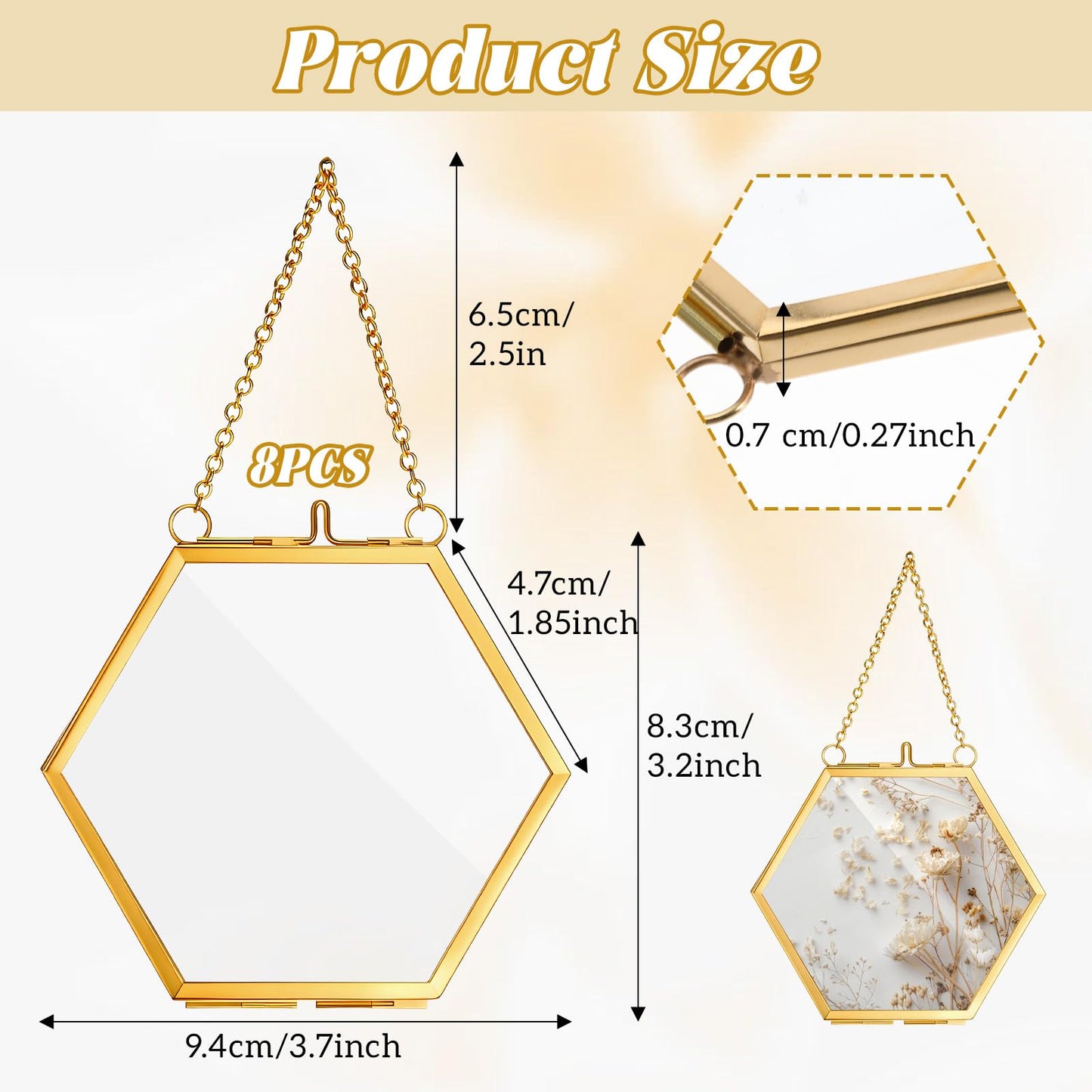 Yuanan 8 PCS Double Glass Frame for Pressed Flowers Handmade, 4 X 3 Inch Pressed Flower Frames with Metal Chain Brass Hanging Glass Frame for DIY Dried Flower, Art Display and Wall Decoration-Gold
