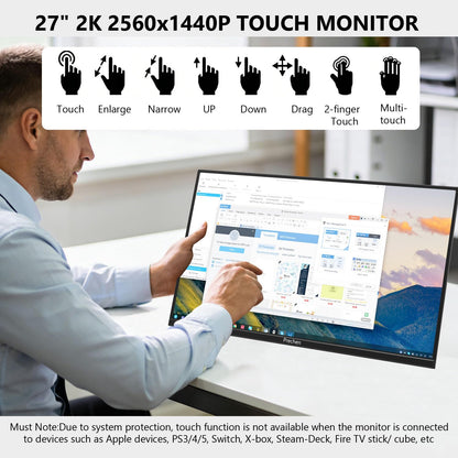 Prechen 27 Inch 2K QHD 100Hz Touchscreen Monitor 10 Point Multi Touch IPS Portable Display, 2560x1440 USB-C HDMI Laptop Monitor with Adjustable Stand & Speakers