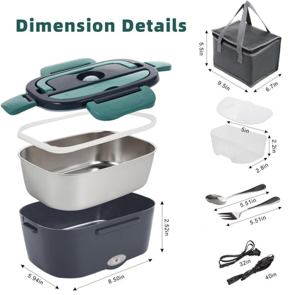 SOHIDA Electric Lunch Box Food Heater, 80W Portable Warmer for Car Truck Work with 304 Stainless Steel Container, 12V/24V/110V Green Heated Lunch Box Suitable for Ideal Driver/Work/Gift