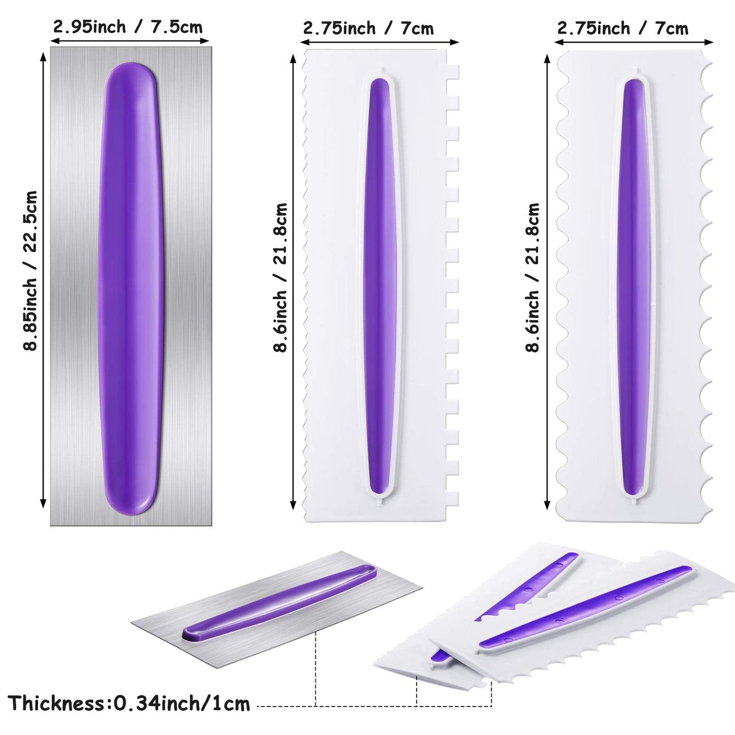 Patelai 3 Pcs Cake Scraper Cake Decorating Comb Set, Stainless Steel Icing Smoother with Plastic Edge, Cream Smoother Decorating Tools for Butter Cream Mousse 9 Inch