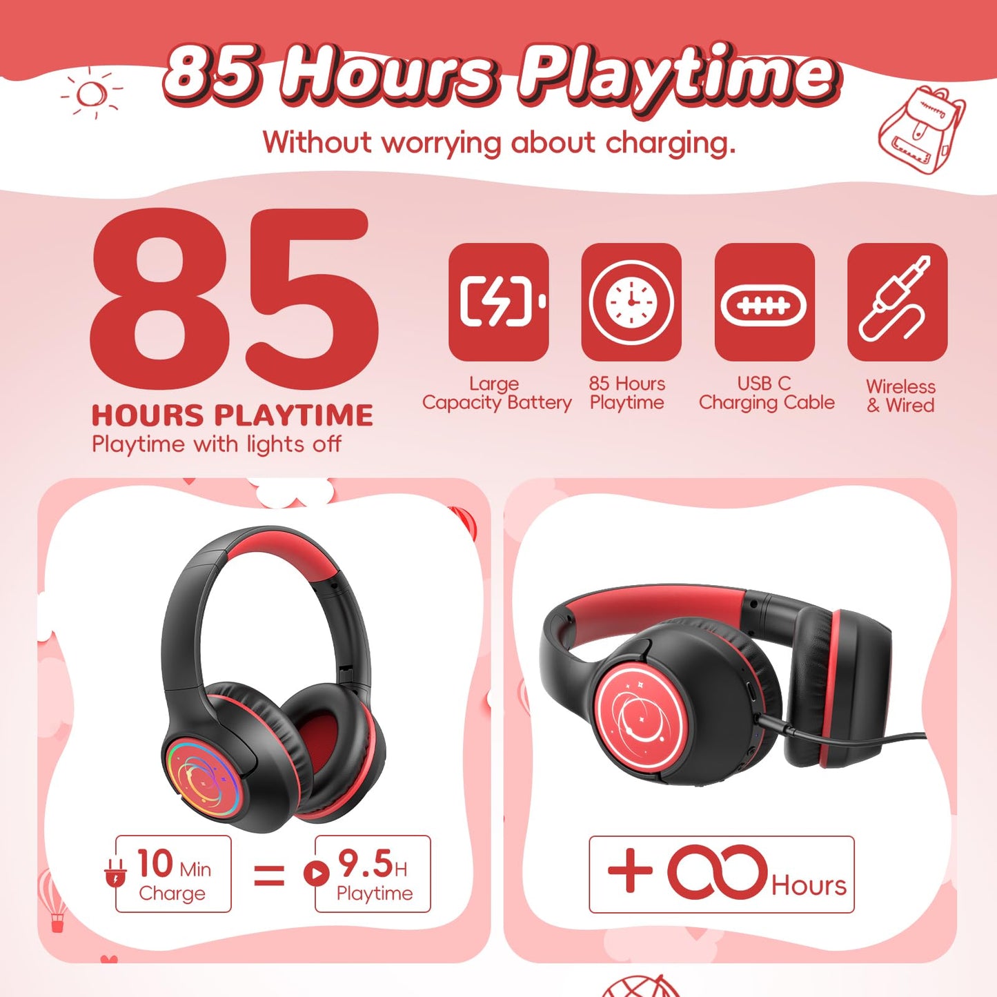 Kids Bluetooth Headphones, 85H Playtime Wireless Headphones for Kids, Colorful LED Lights, 85/94dB Safe Volume Limit, Bluetooth 5.4 Built-in Mic Toddler Headset for Tablet/Airplane/Travel (Black）