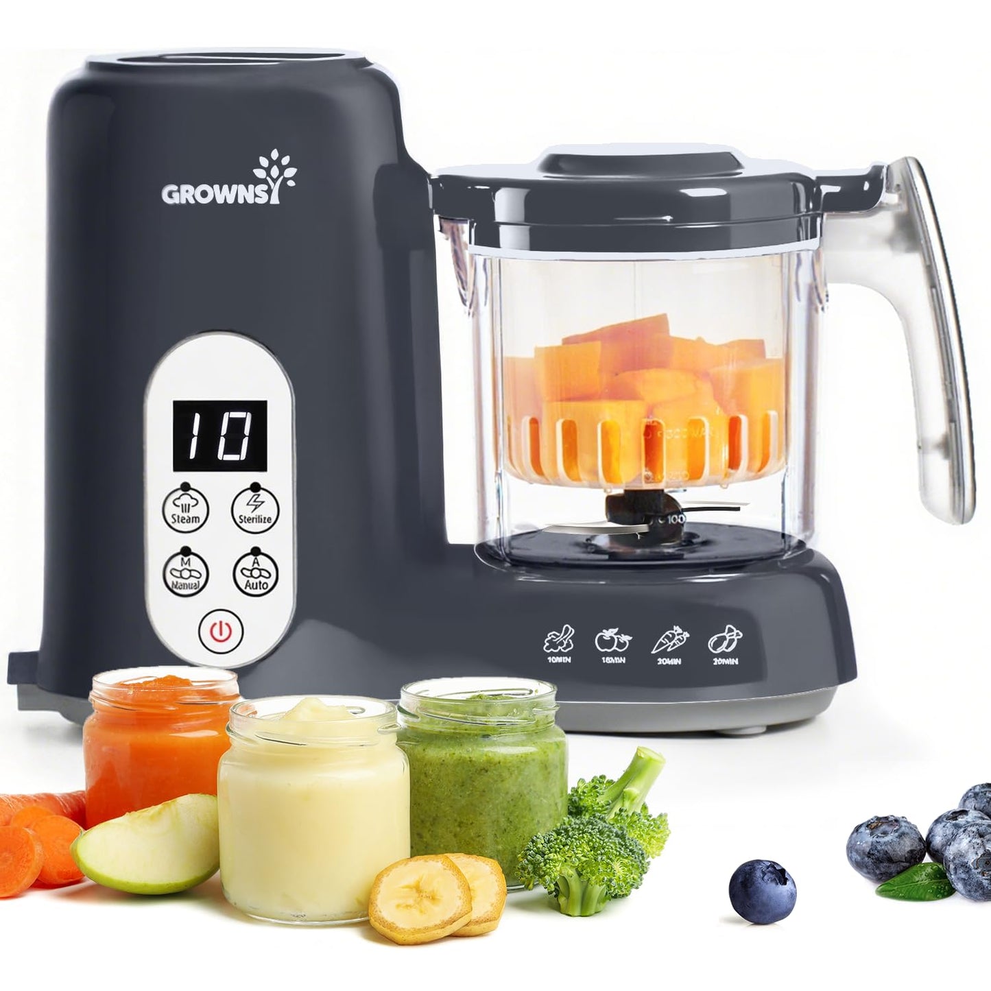 Grownsy Baby Food Maker with Steam Basket, One Step Baby Food Processor Steamer Puree Blender Grinder Mills Machine, Auto Cooking Grinding and Sterili-zing for Healthy Homemade Baby Food, Dark Grey