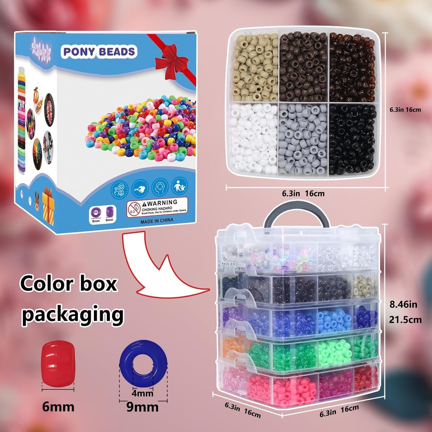 LIS HEGENSA 6300 Pcs DIY Childrens Crafts Beads Friendship Bracelet Kit, Pony Beads Letter Beads and Bracelet Making Kit, Colorful Charms, Used for Custom Necklace Bracelets and Jewelry (6300PCS)