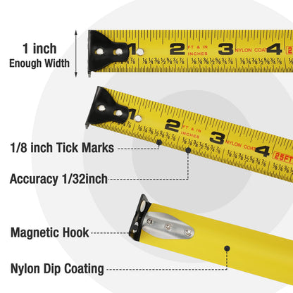 WORKPRO 25FT Pink Tape Measure, 1/8 Fractions Easy Read Measuring Tape, Retractable Nylon Coating Measurement Tape Accuracy 1/32, Magnetic Hook, Belt Clip, Rubber Protective Casing - Pink Ribbon