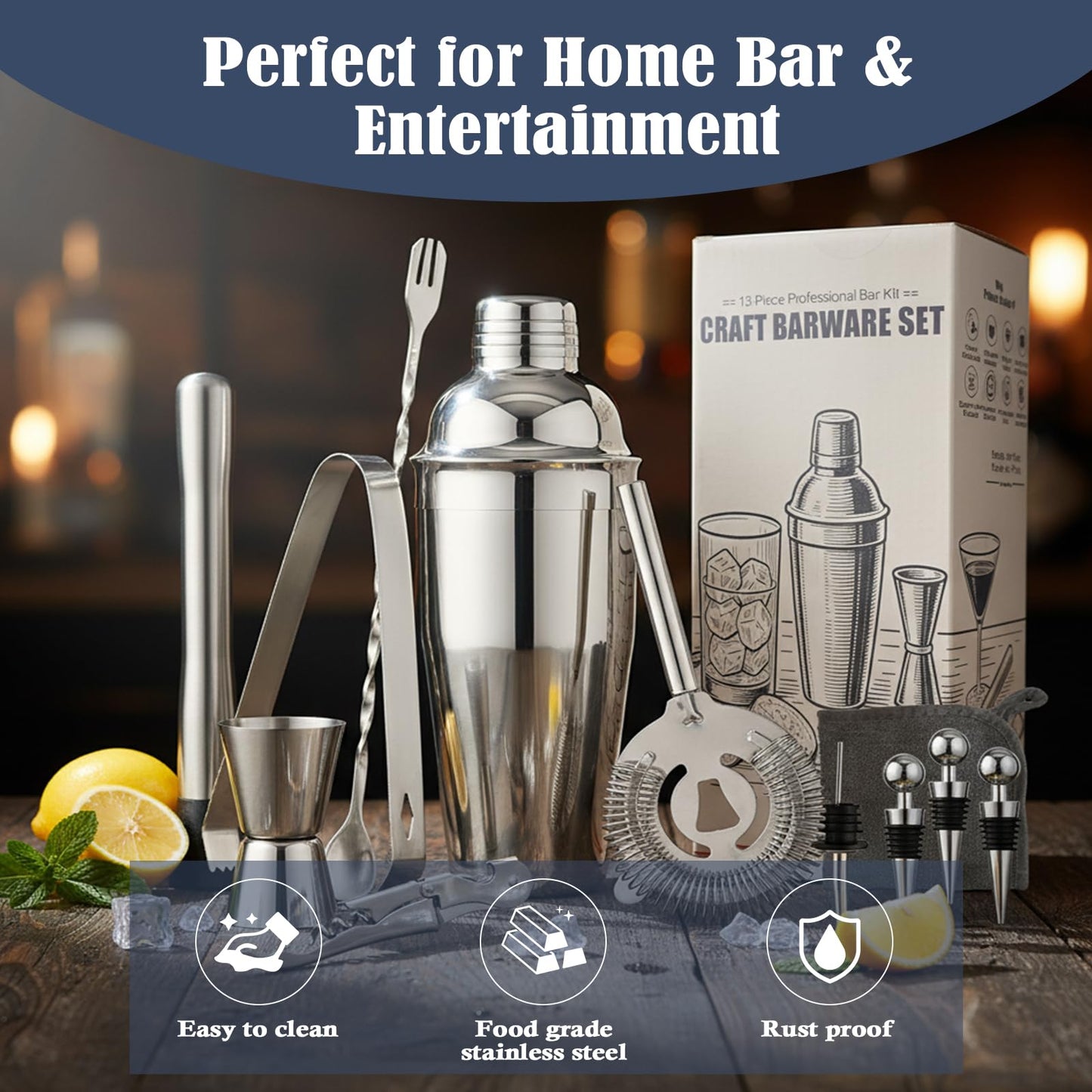 Primero Basics 13-Piece Bartender Kit Bar Tool Set – Boston Cocktail Shaker Set with Muddler,Strainer,Jigger,Spoon–Home Bar Accessories and Drink Mixer Gift for Bartesian,Housewarming, Bar Cart Decor