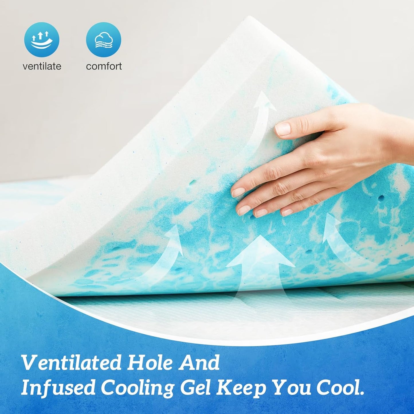 Sweetcrispy Memory Foam Mattress Topper - 3 Inch Thick Gel-Infused Cooling Pad for Queen Size Bed | CertiPUR-US Certified, Breathable Blue