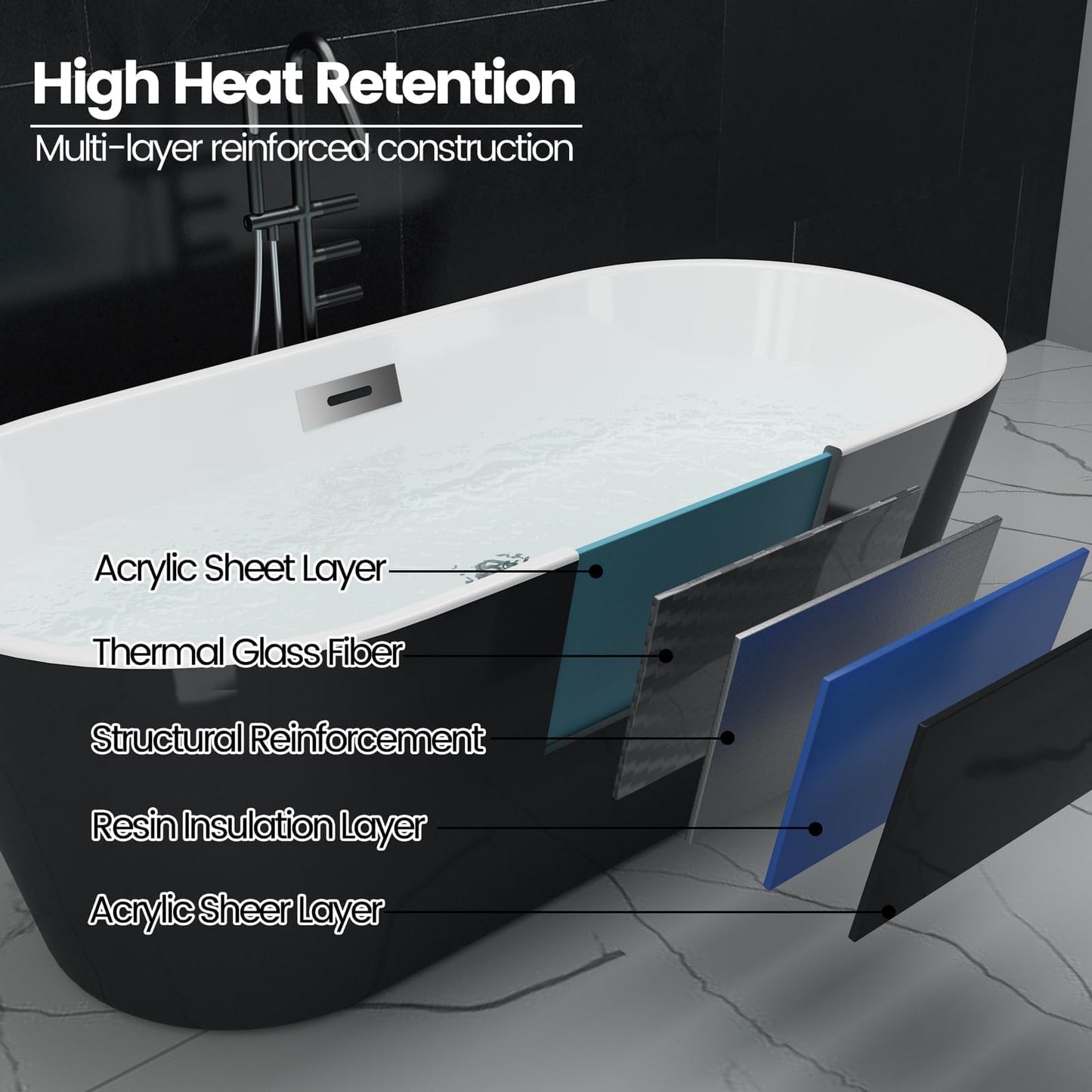 67'' Freestanding Bathtub, Deep Soaking Tub with Non-Slip Base, Acrylic, cUPC Certified Free Standing Tub, Chrome Drain Bath Tub, Modern Tub for Bathrooms, Black
