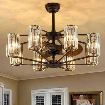 MOOONICHE Crystal Chandelier Ceiling Fan Vintage Fandelier Luxury Caged Ceiling Fan with Light and Remote for Dining Room Living Room Bedroom Kitchen Farmhouse Entry, Black, Dia 34 inch, 8 Lights