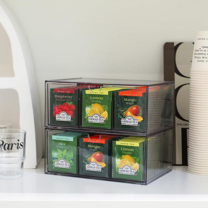 CLUQMEIK 2 Large Acrylic Tea Bag Organizer, 9 Grids Tea Organizers and Storage with Acrylic Drawers Stackable, Teabag Holder Organizer for Counter Countertop Kitchen Cabinet