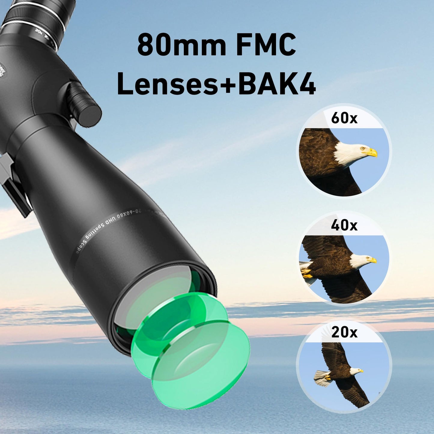 Spotting Scope 20-60x80, Dual Focusing ED Spotting Scopes, FMC Lens, BAK4 Ultra High Definition Spotter Scope with Tripod, Phone Holder, Carrying Bag