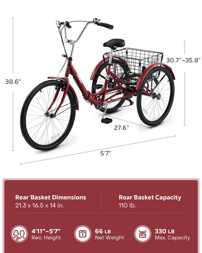 VIRIBUS Folding Tricycle for Adults, 7 Speed Folding Adult Tricycle with Detachable Wheeled Basket, Foldable 3 Wheel Bikes for Adults Women Female Seniors, Collapsible Trike, 24 inch Red, 330 lb.