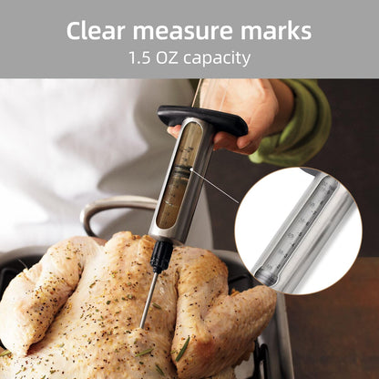 Meat Injector - 2 Stainless Steel Needles for Marinade, Brine & Flavor Injection, with Measurement Window & Cleaning Brush Perfect for Turkey, Chicken, Beef, Pork Smoking, Frying & Grilling(LPMI-02)