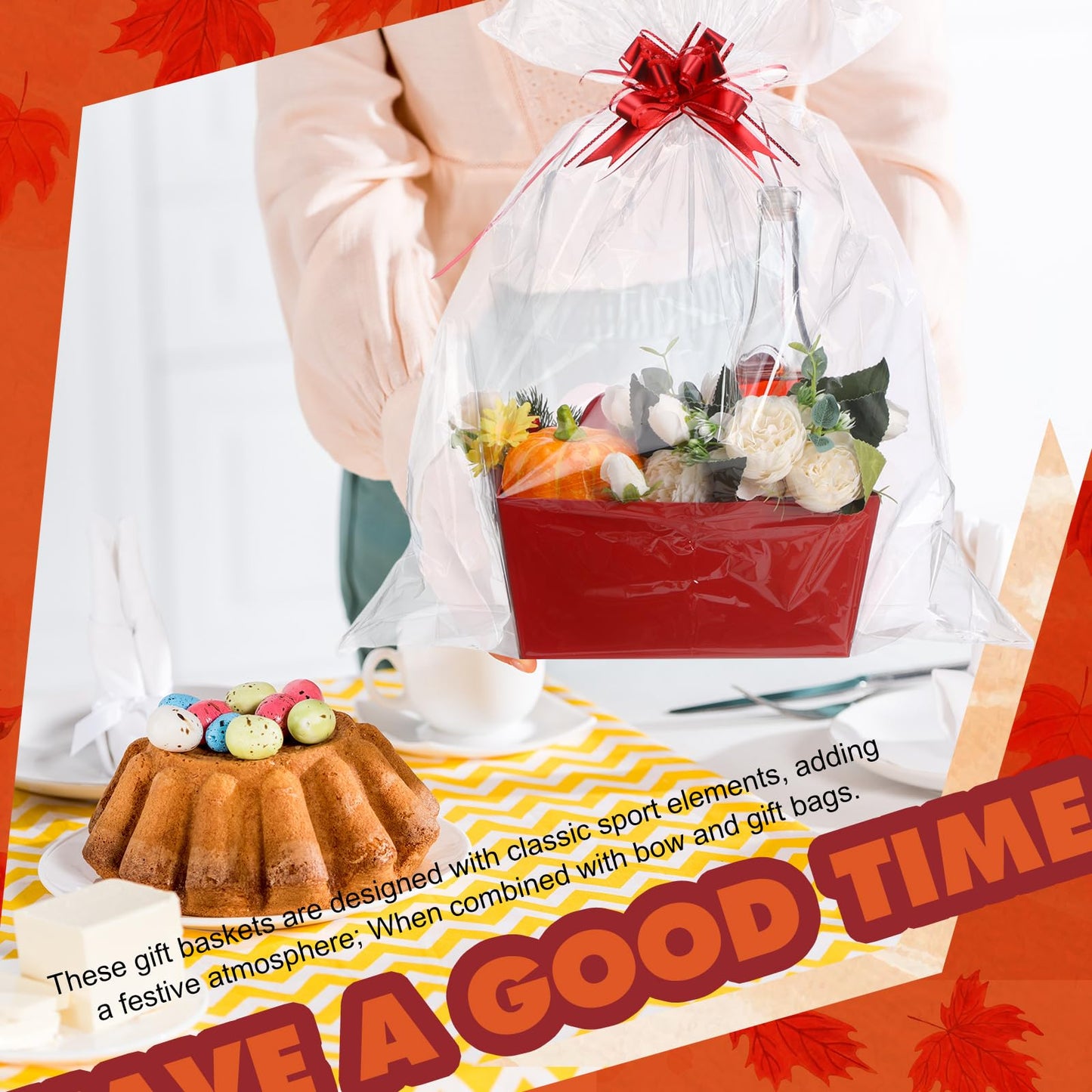 Funnymoom 24 Pcs Fall Basket for Gifts Empty Orange Brown Green Gift Basket Empty to Fill with Handle, Clear Bag and Bow for Autumn Thanksgiving Party Favor Supplies, 9.8 x 6.5 x 4.3''