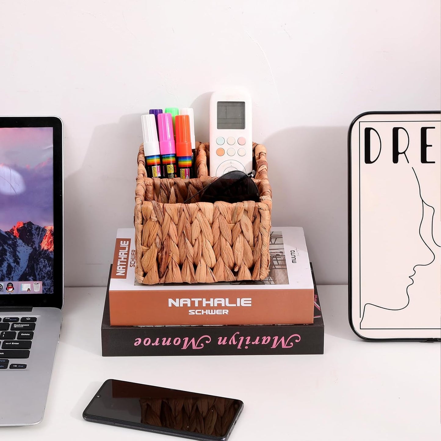 Wicker Remote Control Holder, Hand Woven Desk Organizer with 3 Compartments for Desktop Storage
