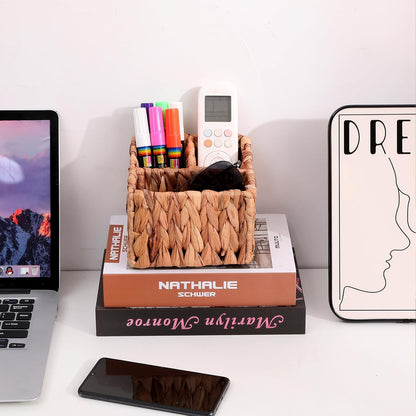 Wicker Remote Control Holder, Hand Woven Desk Organizer with 3 Compartments for Desktop Storage