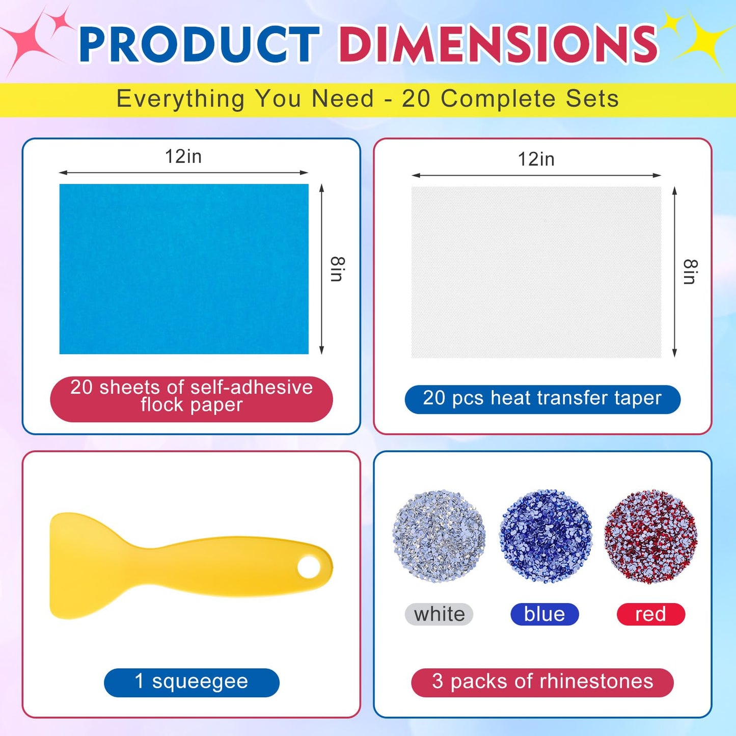 Sureio 20 Sets 12×8 Inches Rhinestone Template Kit with 20pcs Self-Adhesive Flock 20pcs Heat Transfer Tape, Squeegee Tool and Gems, for DIY Rhinestones Vinyl Cutting Machine Craft Gift
