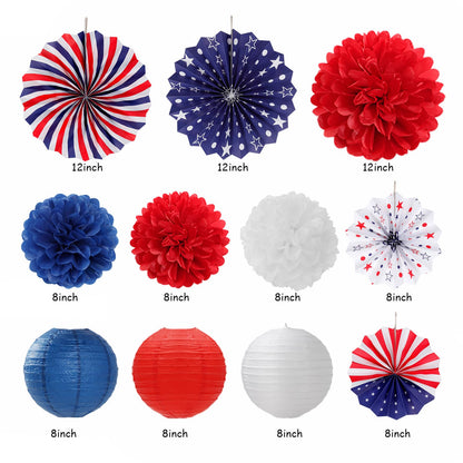 Red-White Blue Memorial-Day Patriotic Decorations - 21pcs 4th Fourth of July Americana Banner Garland,Independence Party Decor Paper Streamers Lanterns,Flower Tissue Pom Poms Fan Supplies Huglony