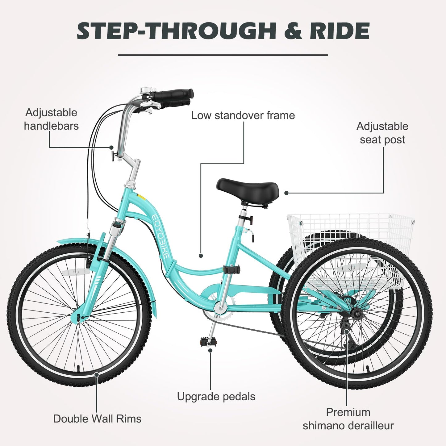 H&ZT Adult Tricycle, 3 Wheeled Bike, Trike Cruiser Bike, with 7-Speed Gear, Parking Brake Handle, Low Step, Large Rear Basket, Elderly Friendly, for Men, Women, and Teens