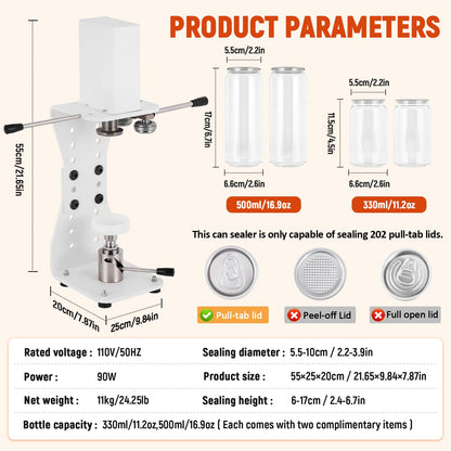 Electric Soda Can Sealer, Manual Press Cap Seamer 2.4-6.7'' Height Adjustable for Plastic/Aluminum/Tin Cans, 2.2-3.9'' Dia Can Sealing Machine for Home Brewing, Milk Tea, Juice Beverage Packaging