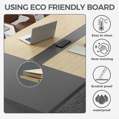 Nuipesn 138 Inch Rectangular Conference Table for 12-14 People, Built-in Power Outlets and USB Charging Ports, Cable Management, 2 Inch Thick Top, 500 lb Capacity, Oak and Grey