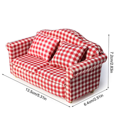 Dollhouse Couch Miniature Sofa with Pillows Dollhouse Living Room Funiture 1:12 Scale Model 3 Pcs High Simulation Upholstered Wooden Fabric Armchair Mini Room Artificial House Scene Decoration (Plaid)