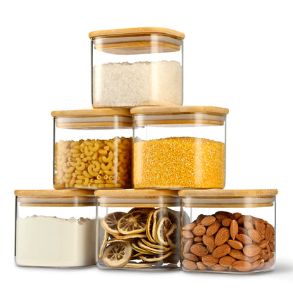 D2scrma 22oz Airtight Square Spice Containers with Bamboo Lid Set of 6 (650ml) Kitchen Pantry Organization Jar Stackable Spice Jar, for Sugar, Tea, Cookies and Coffee beans (‎with Black Lable)