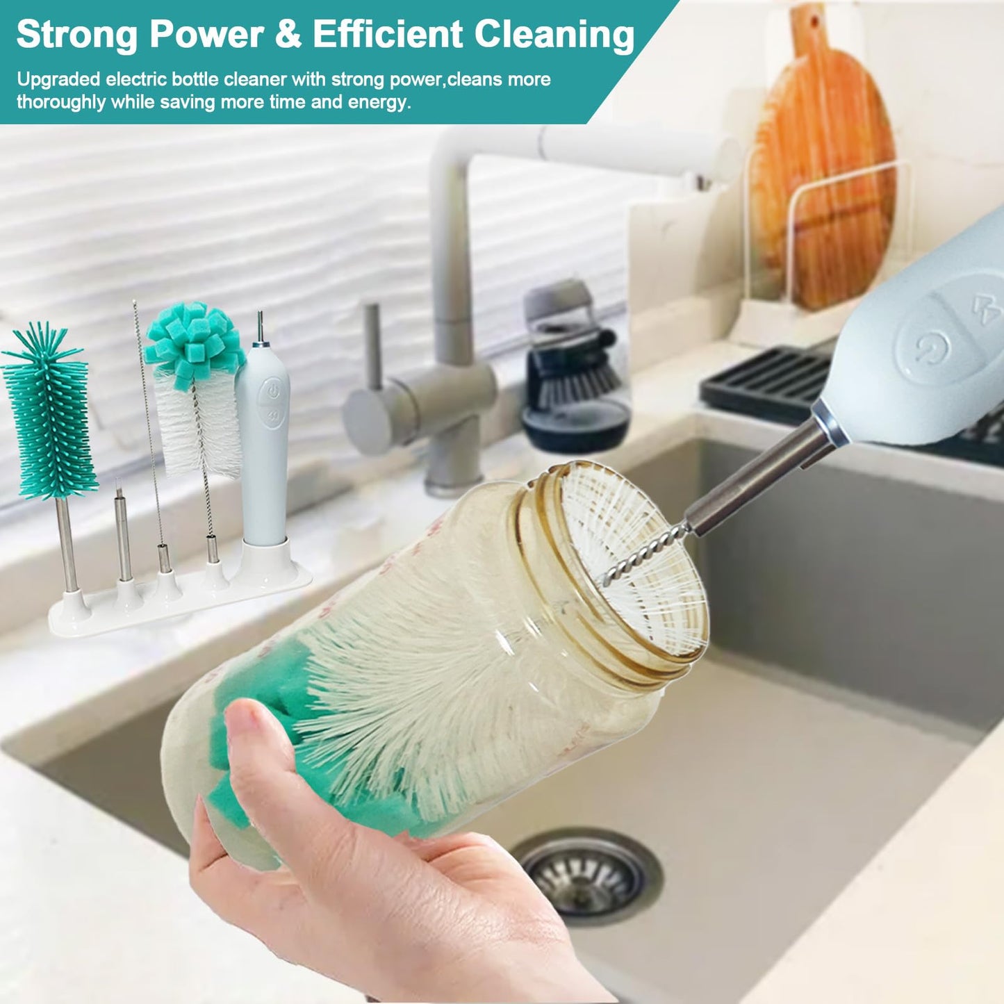 WHNL Electric Baby Bottle Brush With Holder, Stainless Steel Automatic Cleaner With Extension Handle, Sponge, Silicone Water Cleaner, Nipple and Straw Brush - Green