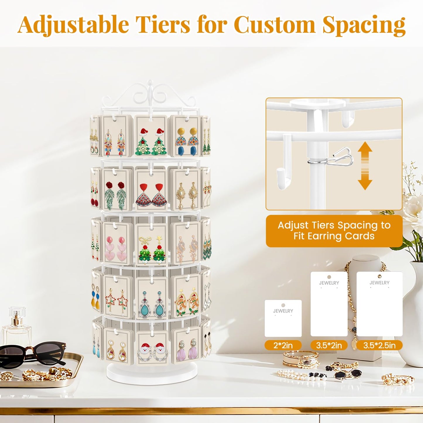 EsLuker.ly Earring Holder Organizer Rotating Display Tree Stand, Adjustable Height Earring Card Hanger Rack with 50 Hooks for Vendors Market Selling, 5 Tier Metal Jewelry Storage Tower, White