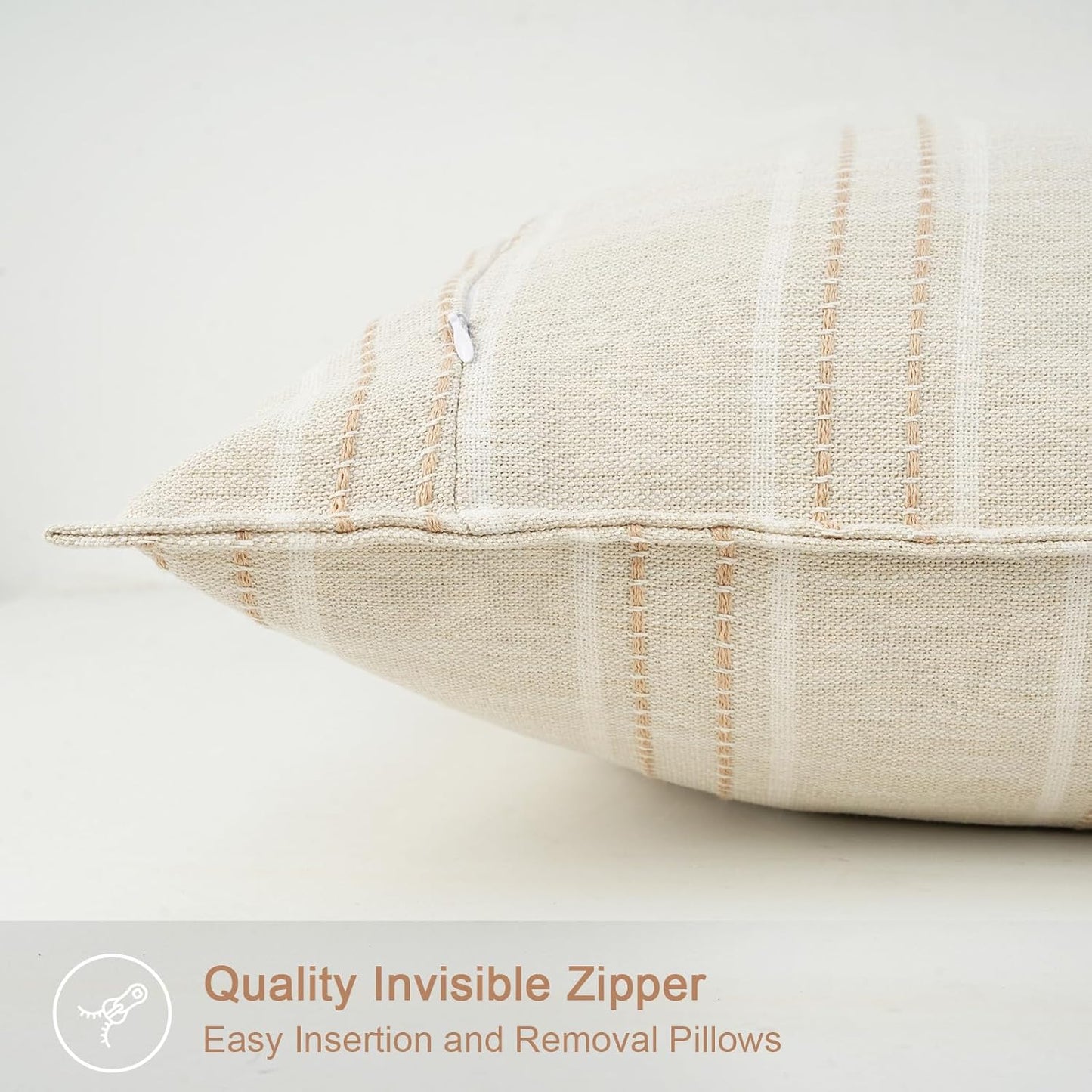 18X18 Set 2 Decorative Farmhouse Linen Throw Pillow Covers, Boho Textured Pillow Case of ,Beige with White & Brown