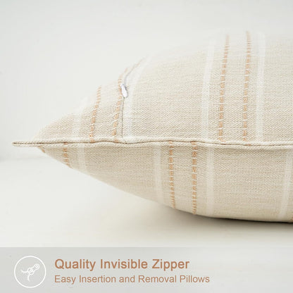 18X18 Set 2 Decorative Farmhouse Linen Throw Pillow Covers, Boho Textured Pillow Case of ,Beige with White & Brown