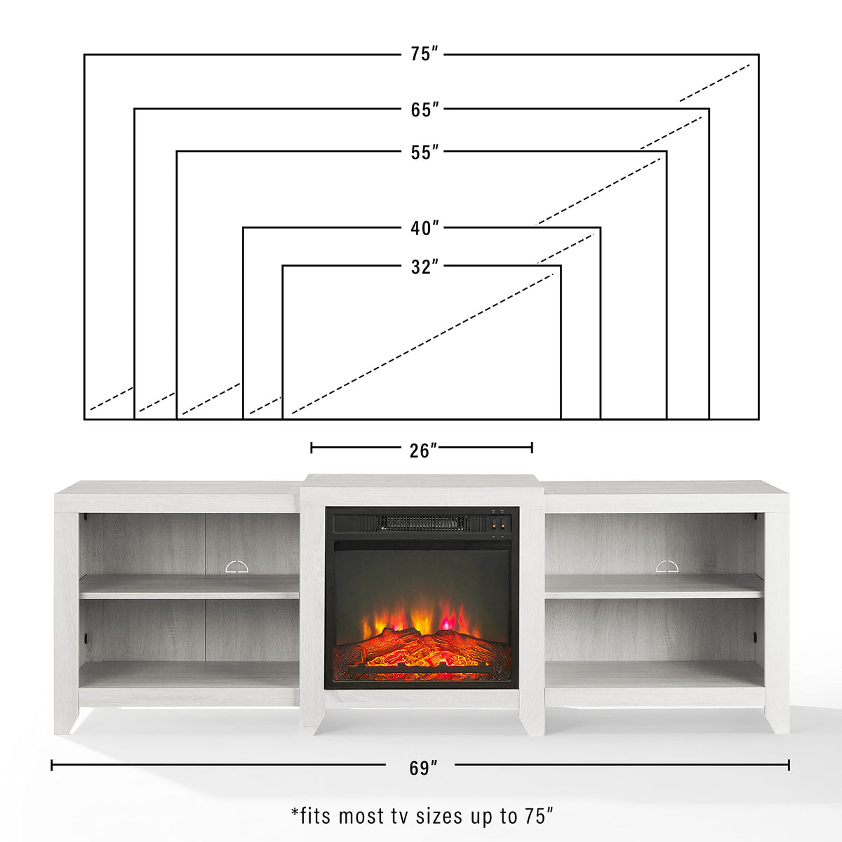 Crosley Furniture Ronin Low Profile Fireplace TV Stand for 75+ inch TVs, Entertainment Center with Shelves, Whitewash