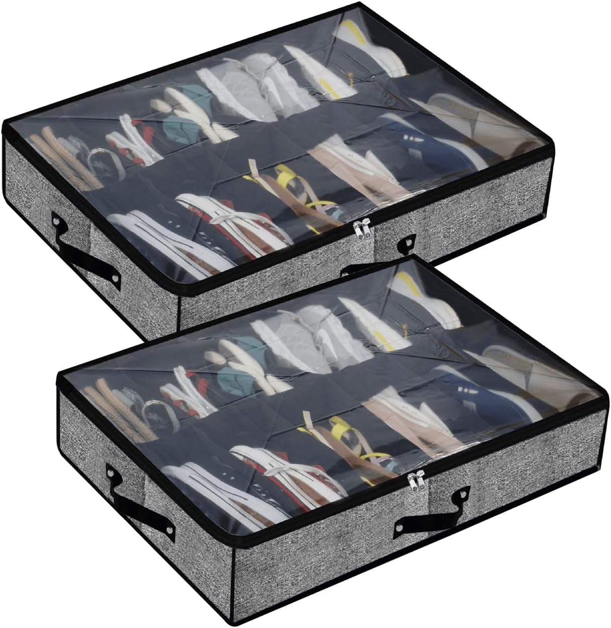 Under Bed Shoe Storage Organizer, Set of 2 for 24 Pairs, Clear Cover and Reinforced Handles with Strong Zipper