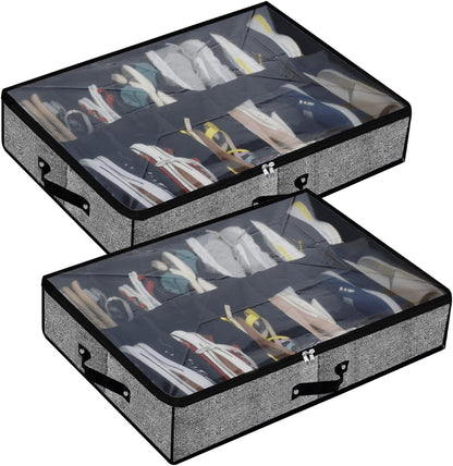 Under Bed Shoe Storage Organizer, Set of 2 for 24 Pairs, Clear Cover and Reinforced Handles with Strong Zipper