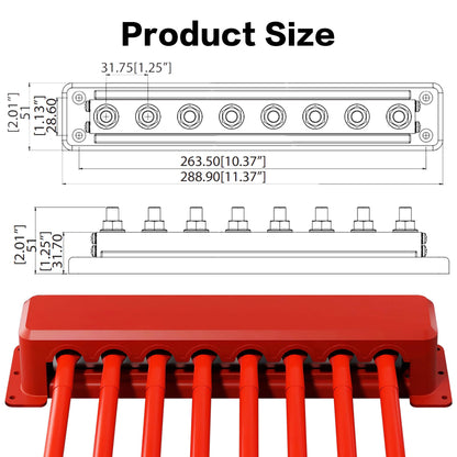 IZTOSS 2Pcs 600 A Bus Bar 12 V Power Distribution Block 8 x 3/8"(M10) Terminal Studs,Battery Bus Bar 48 V DC Positive & Negative Battery Terminal Block for Marine Automotive RV Truck