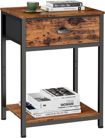 2 Furologee End Table with Storage Shelf and Fabric Drawer, Tiers Industrial Nightstand, Bedside Table Organizer
