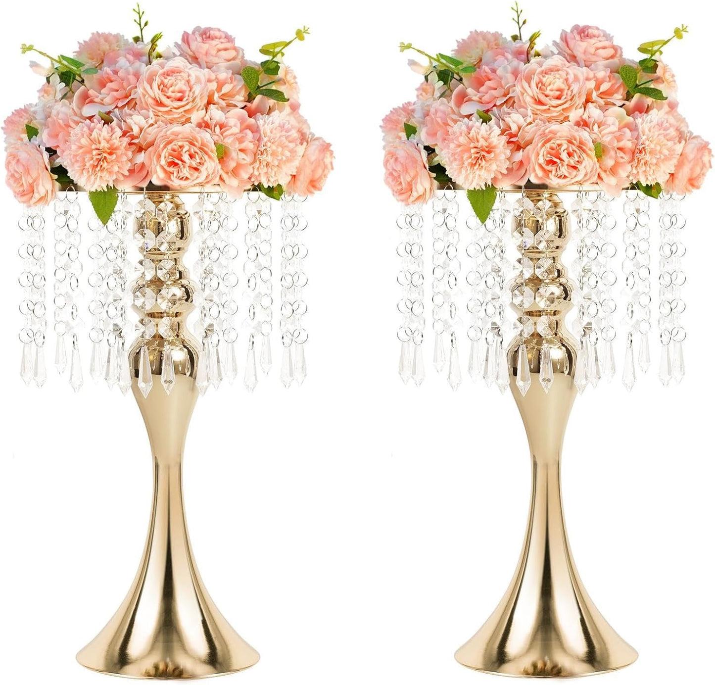 13"- 2pcs) Metal Wedding Centerpieces for Table, Crystal Flower Stands, Wedding Road Lead Flower Holders, Crystal