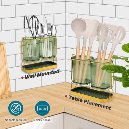 Utensil Holder for Kitchen Countertop, Plastic Organizer with Drain Tray, Wall Mounted Large Crock for Spatula Spoon