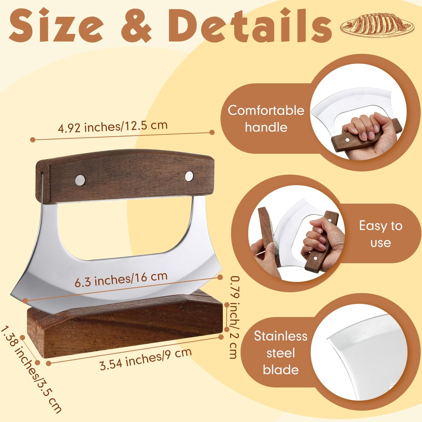 Sunnychicc 2 Pcs Mezzaluna Ulu Knife and Cutting Board Set Rocker Chopper Slicer Cutter with Stand Cutting Board Mezzaluna Chopper Alaskan Ulu Knife Kit for Onion Vegetable Mincing Tool(Walnut Wood)