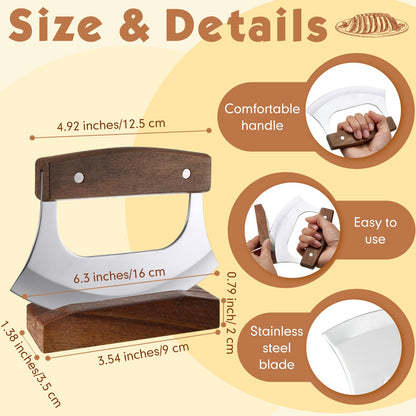 Sunnychicc 2 Pcs Mezzaluna Ulu Knife and Cutting Board Set Rocker Chopper Slicer Cutter with Stand Cutting Board Mezzaluna Chopper Alaskan Ulu Knife Kit for Onion Vegetable Mincing Tool(Walnut Wood)