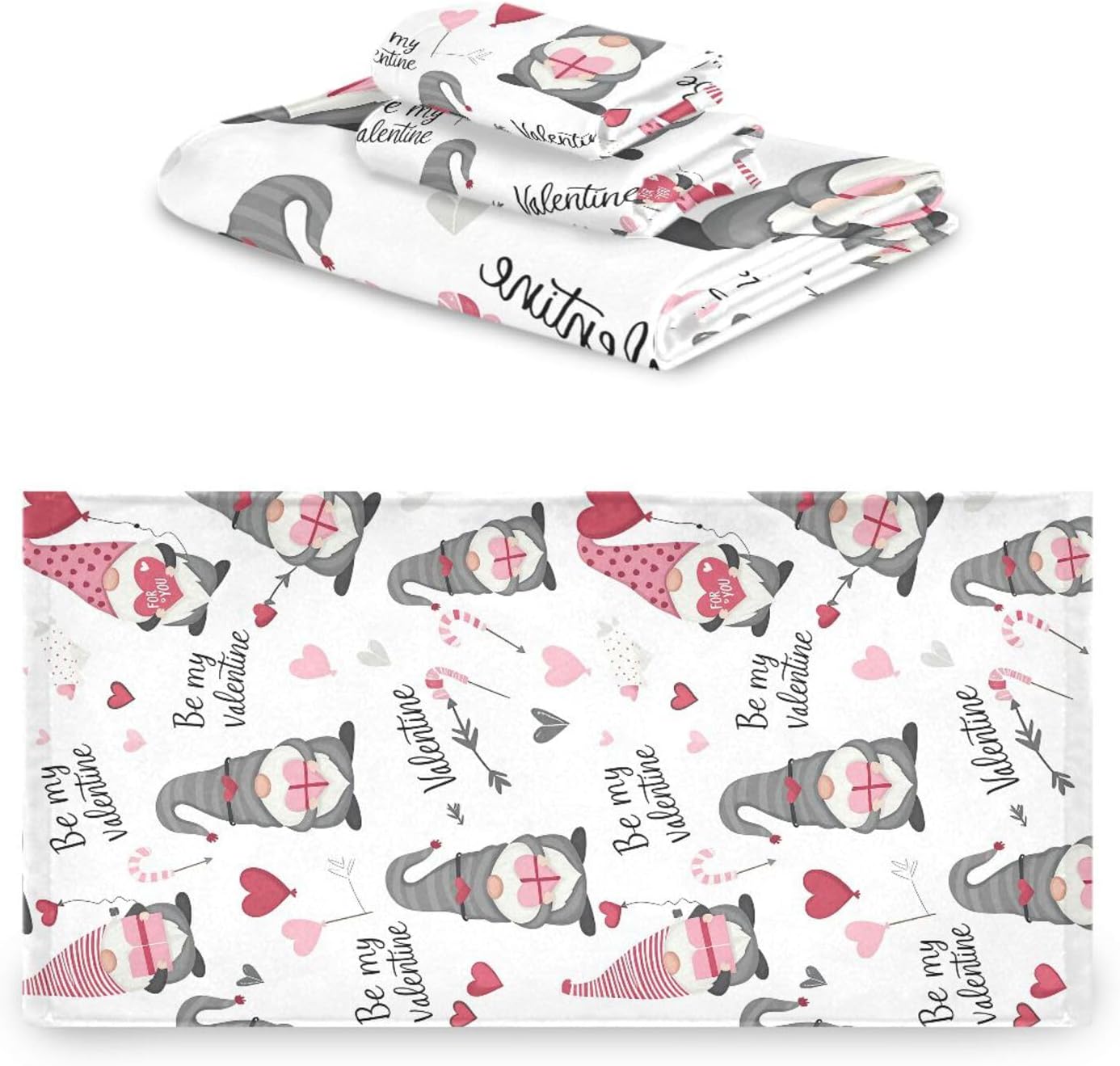 Set 3 Sets Pfrewn Cute Gnomes Hearts Pink Towels of Romantic Romantic Love Spring White Bathroom Towel Soft Absorbent
