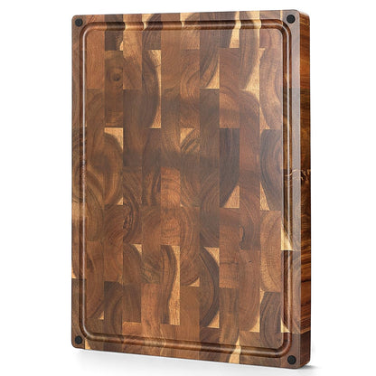 XINZUO Large Thick End Grain Acacia Wood Cutting Board- (19''L x 14''W x 1.5''T) Reversible Wooden Chopping Board with Non-Slip Feet, Built-in Handles and Juice Groove- Butcher Block Cutting Board